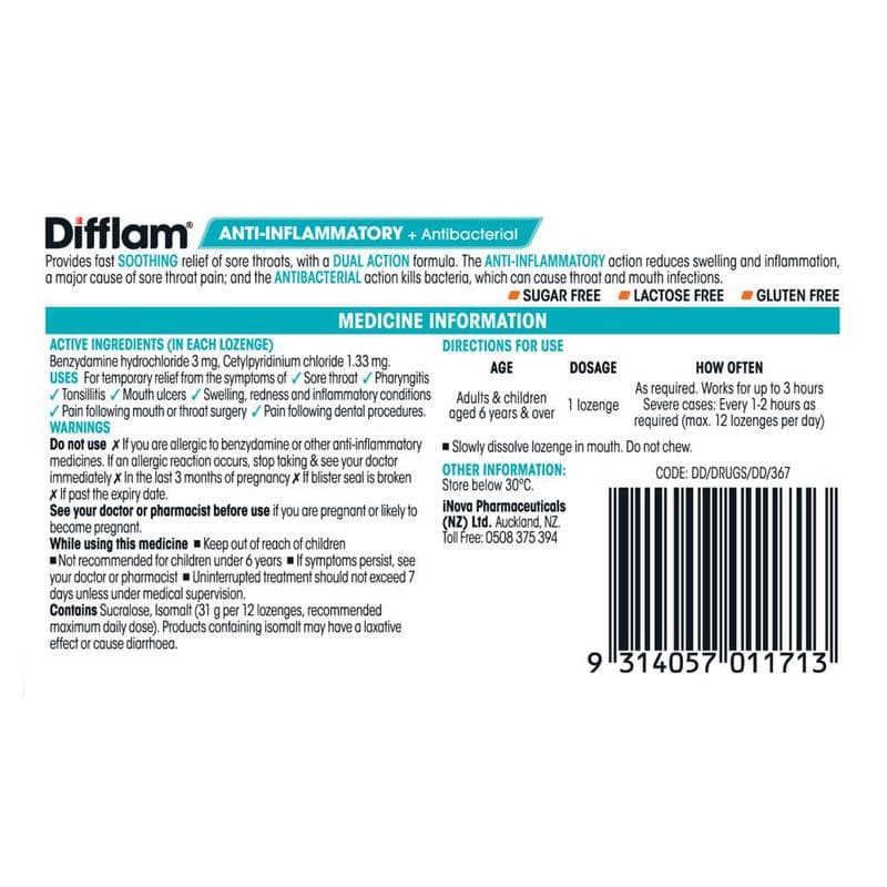 Difflam Anti-Inflammatory + Antibacterial Sore Throat Dual Action Orange Lozenges 16s
