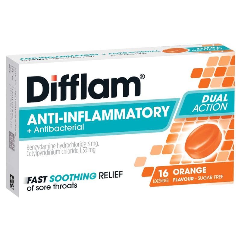 Difflam Anti-Inflammatory + Antibacterial Sore Throat Dual Action Orange Lozenges 16s